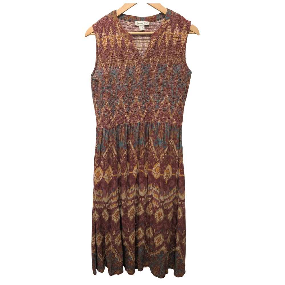 Coldwater Creek Smocked Ikat Midi Dress Petite Small Boho Pockets Southwestern